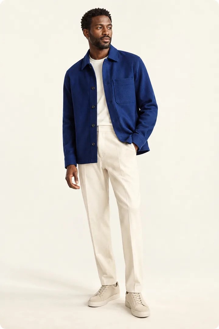 Modelo con chaqueta azul en estudio