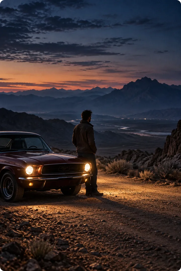 Hombre junto a un coche clásico al atardecer en la montaña