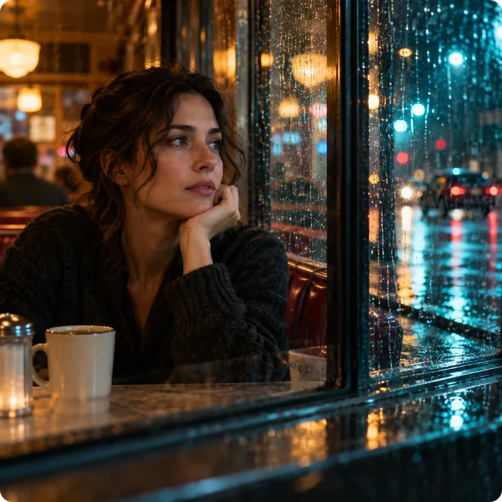 Mujer en una cafetería una noche de lluvia