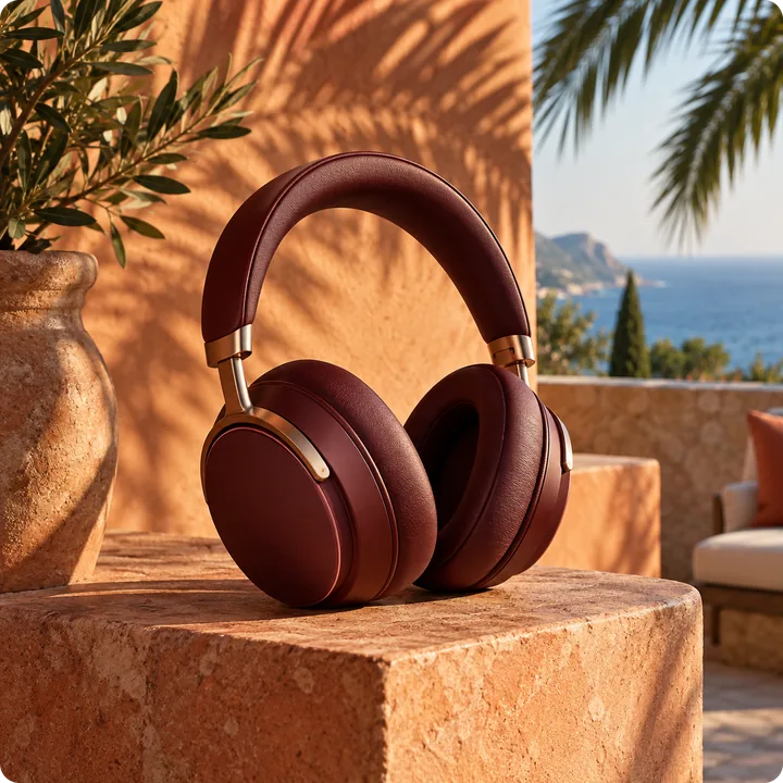 Auriculares granate sobre una terraza mediterránea