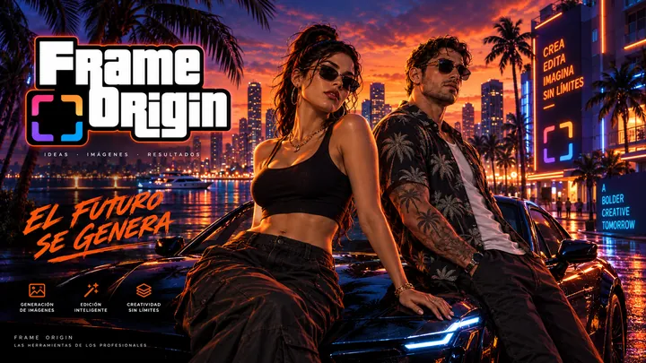 Cartel de Frame Origin con una pareja y una ciudad de neón