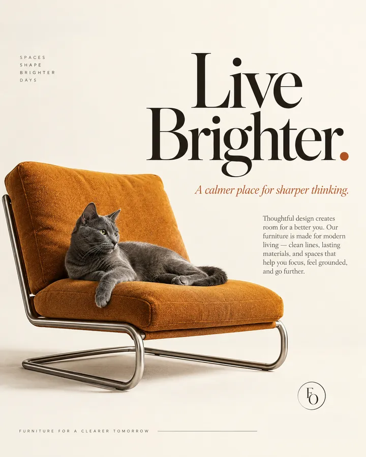 Anuncio de un sillón naranja con un gato