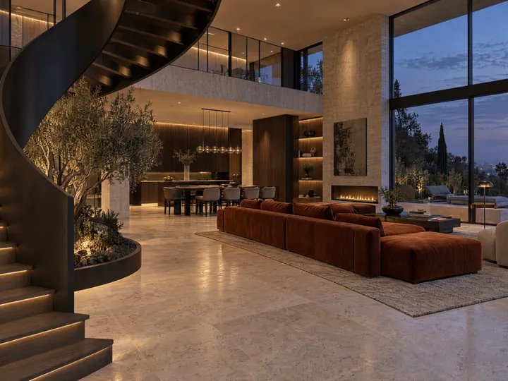 Salón de doble altura con escalera de caracol y vistas a la ciudad