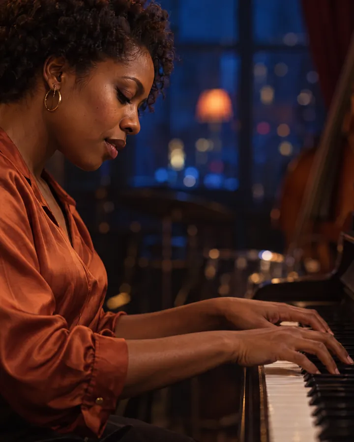 Mujer tocando el piano en un club nocturno