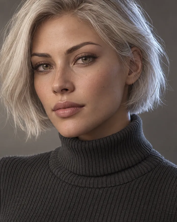 Retrato de una mujer rubia con jersey de cuello alto