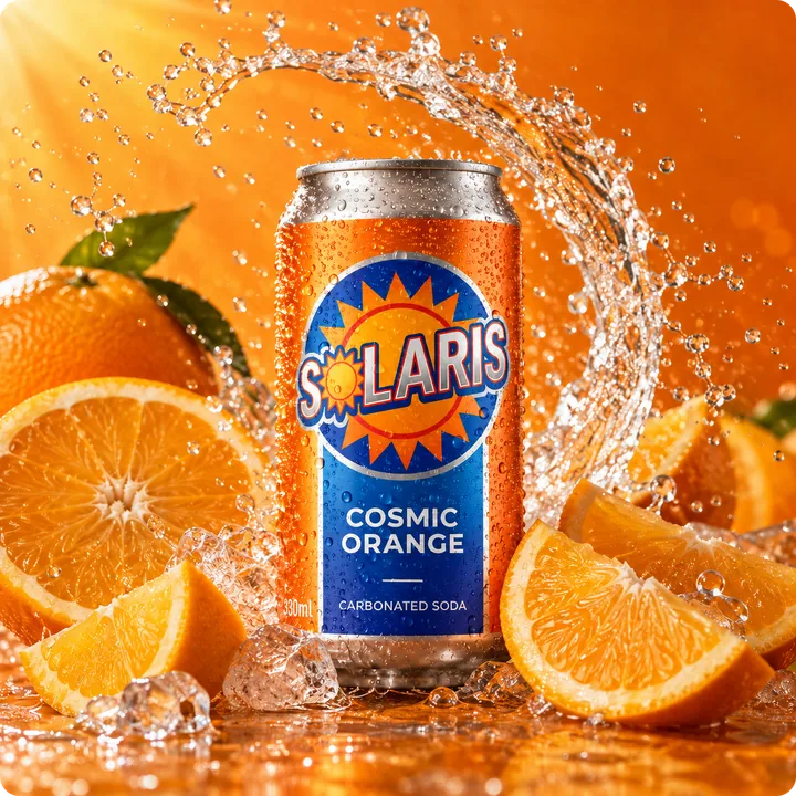 Lata de refresco de naranja con salpicaduras