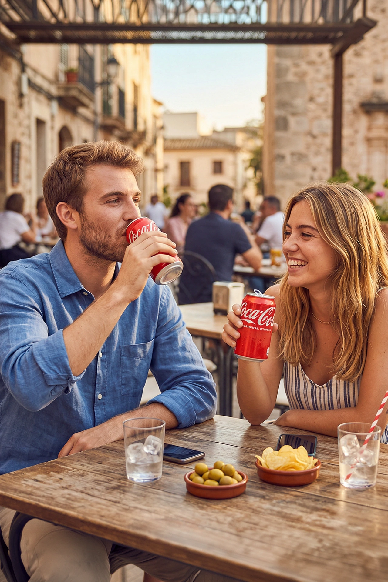 Imagen completa de dos personas sosteniendo latas rojas